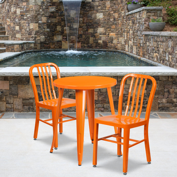 24'' Round Orange Metal Indoor-Outdoor Restaurant Table Set with 2 Vertical Slat Back Chairs