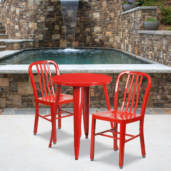 24'' Round Red Metal Indoor-Outdoor Restaurant Table Set with 2 Vertical Slat Back Chairs