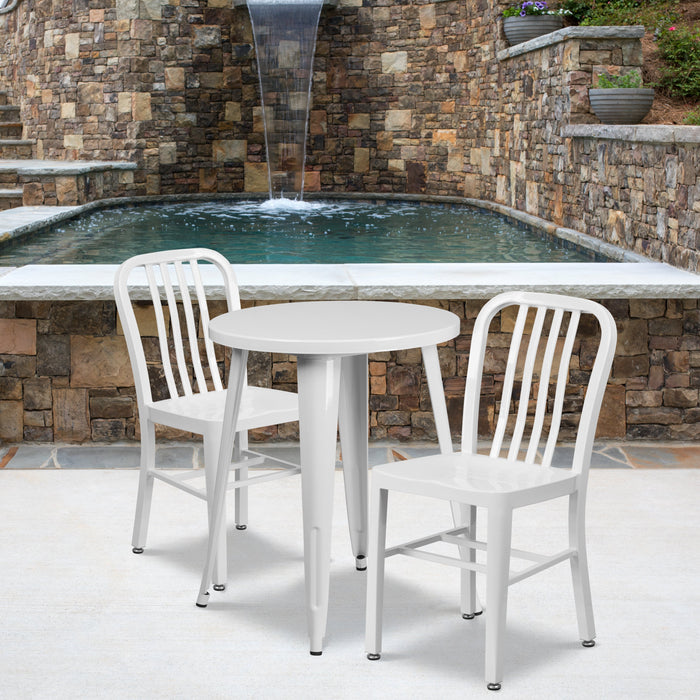 24'' Round White Metal Indoor-Outdoor Restaurant Table Set with 2 Vertical Slat Back Chairs