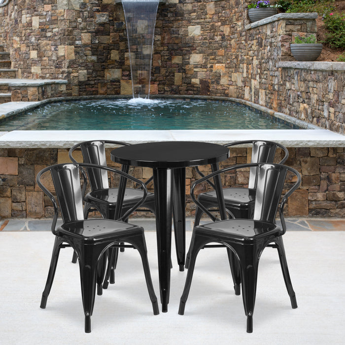 24'' Round Black Metal Indoor-Outdoor Restaurant Table Set with 4 Arm Chairs