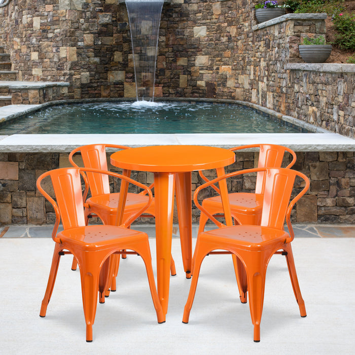 24'' Round Orange Metal Indoor-Outdoor Restaurant Table Set with 4 Arm Chairs