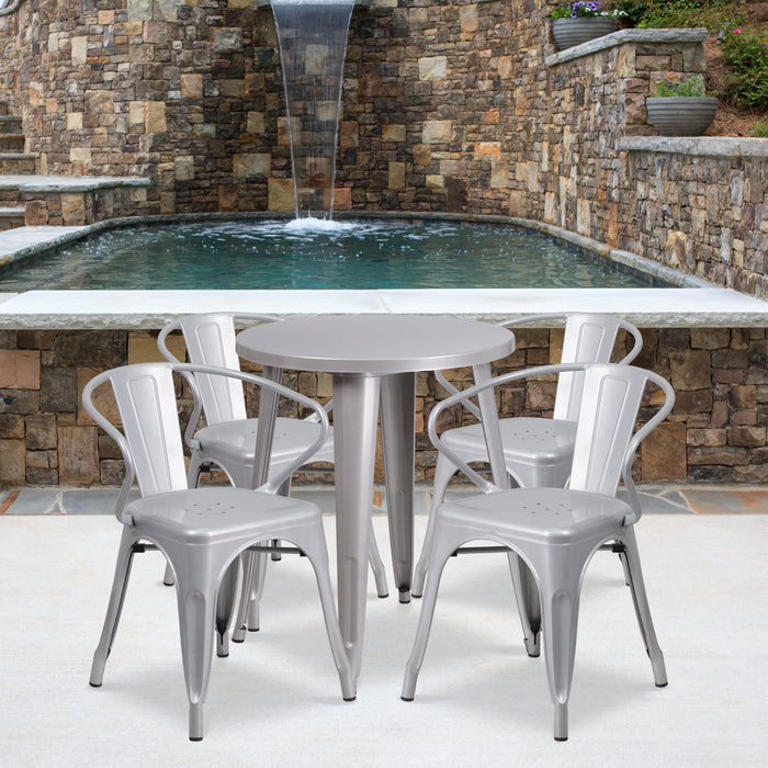 24'' Round Silver Metal Indoor-Outdoor Restaurant Table Set with 4 Arm Chairs