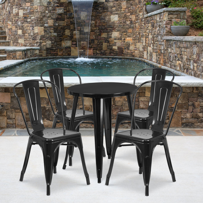 24'' Round Black Metal Indoor-Outdoor Restaurant Table Set with 4 Cafe Chairs