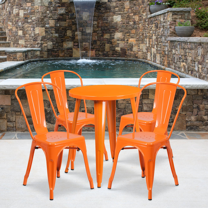 24'' Round Orange Metal Indoor-Outdoor Restaurant Table Set with 4 Cafe Chairs