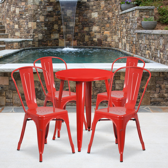 24'' Round Red Metal Indoor-Outdoor Restaurant Table Set with 4 Cafe Chairs