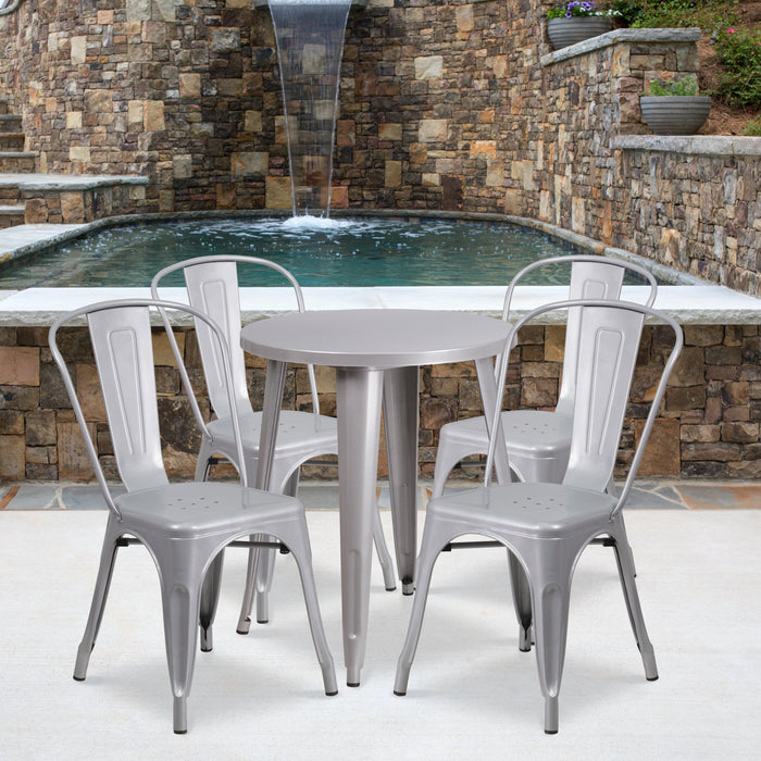 24'' Round Silver Metal Indoor-Outdoor Restaurant Table Set with 4 Cafe Chairs