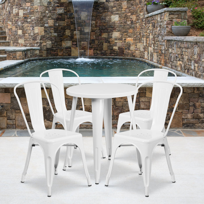 24'' Round White Metal Indoor-Outdoor Restaurant Table Set with 4 Cafe Chairs