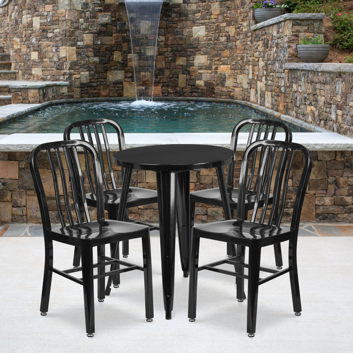 24'' Round Black Metal Indoor-Outdoor Restaurant Table Set with 4 Vertical Slat Back Chairs