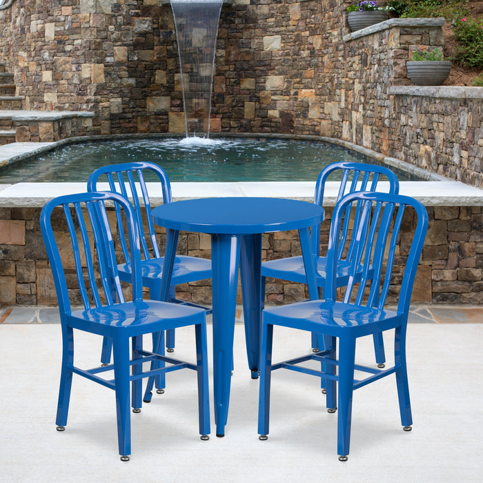 24'' Round Blue Metal Indoor-Outdoor Restaurant Table Set with 4 Vertical Slat Back Chairs
