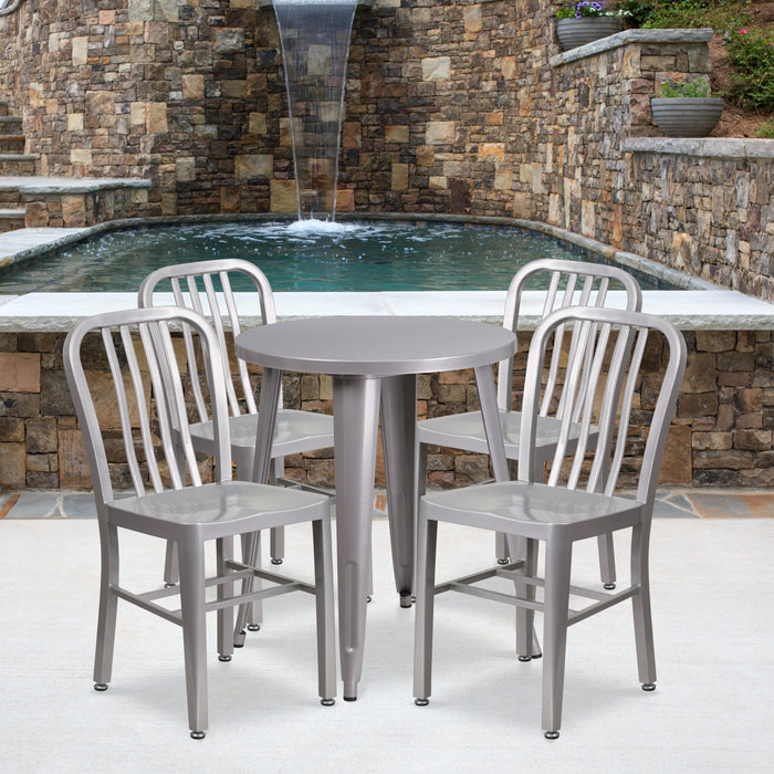 24'' Round Silver Metal Indoor-Outdoor Restaurant Table Set with 4 Vertical Slat Back Chairs