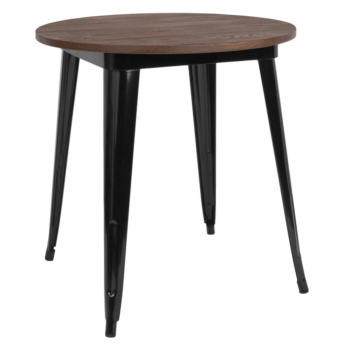 26" Round Black Metal Indoor Restaurant Table with Walnut Rustic Wood Top