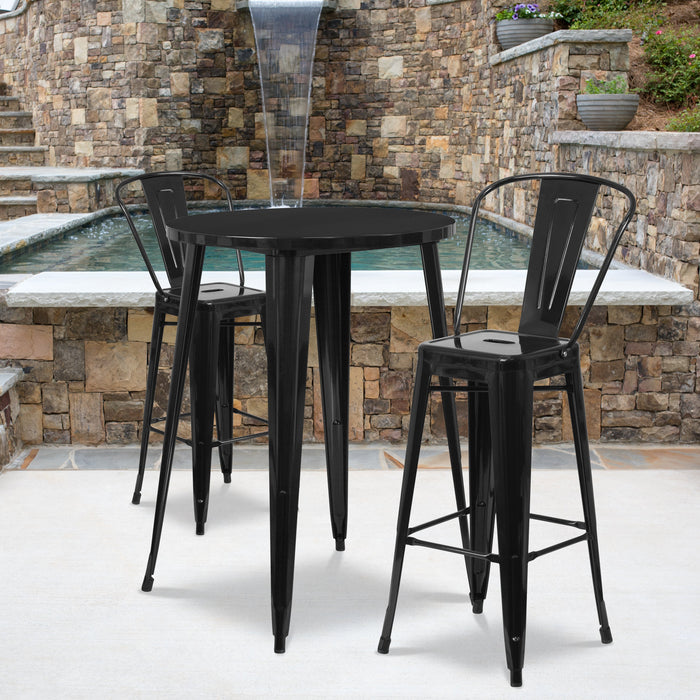 30'' Round Black Metal Indoor-Outdoor Bar Table Set with 2 Cafe Stools