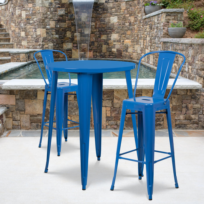 30'' Round Blue Metal Indoor-Outdoor Bar Table Set with 2 Cafe Stools