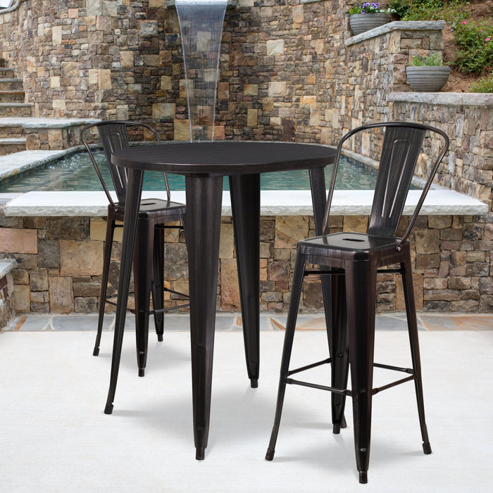 30'' Round Black-Antique Gold Metal Indoor-Outdoor Bar Table Set with 2 Cafe Stools