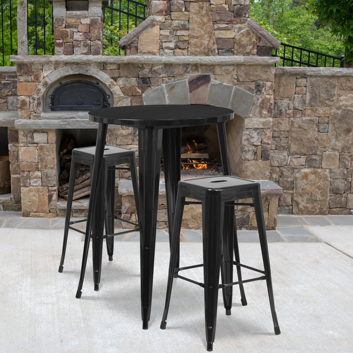 30'' Round Black Metal Indoor-Outdoor Bar Table Set with 2 Square Seat Backless Stools