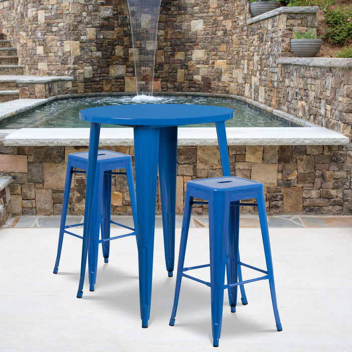 30'' Round Blue Metal Indoor-Outdoor Bar Table Set with 2 Square Seat Backless Stools