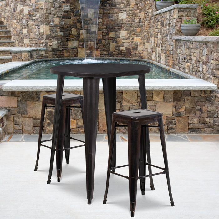 30'' Round Black-Antique Gold Metal Indoor-Outdoor Bar Table Set with 2 Square Seat Backless Stools
