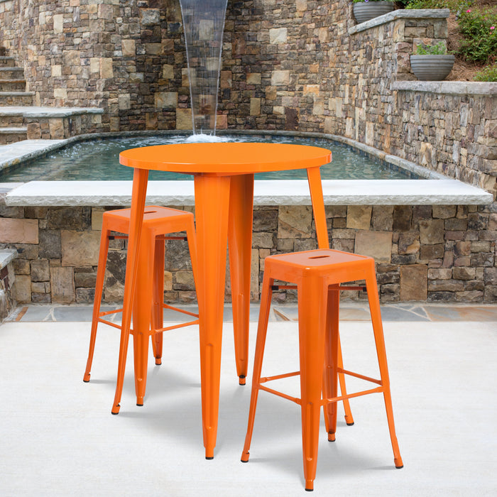 30'' Round Orange Metal Indoor-Outdoor Bar Table Set with 2 Square Seat Backless Stools
