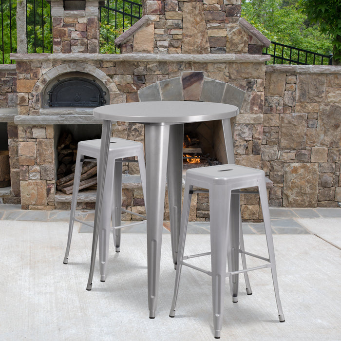 30'' Round Silver Metal Indoor-Outdoor Bar Table Set with 2 Square Seat Backless Stools