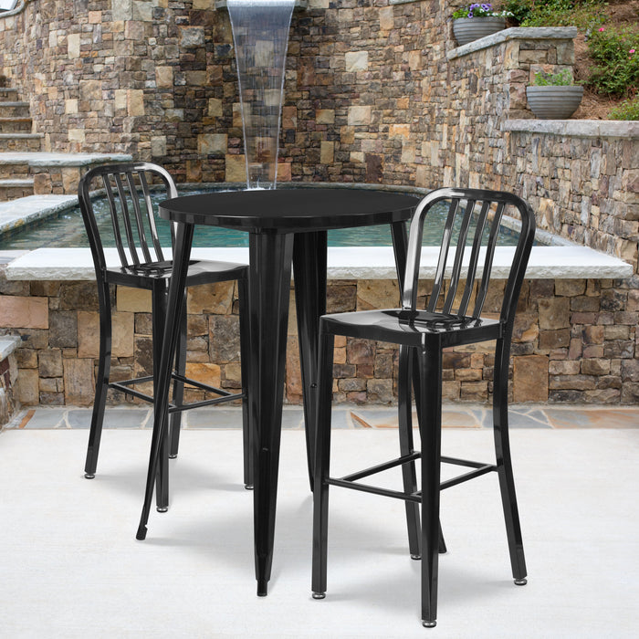 30'' Round Black Metal Indoor-Outdoor Bar Table Set with 2 Vertical Slat Back Stools