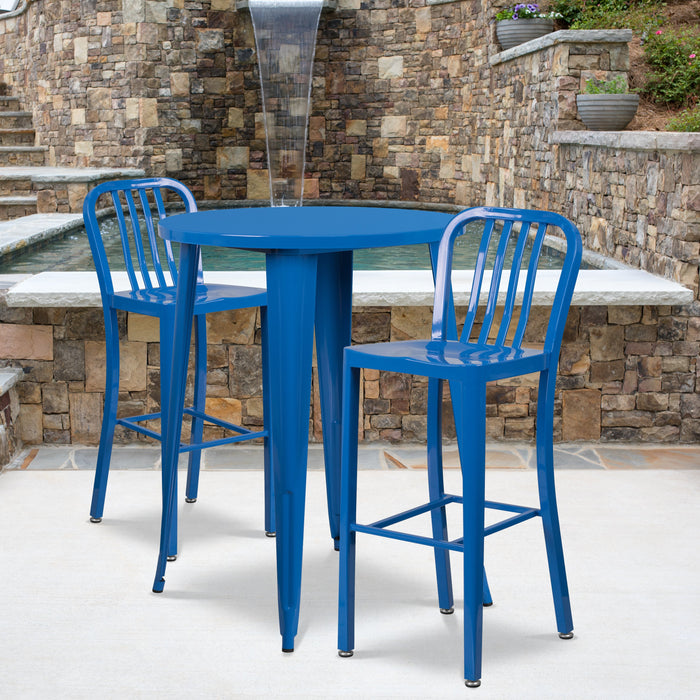 30'' Round Blue Metal Indoor-Outdoor Bar Table Set with 2 Vertical Slat Back Stools