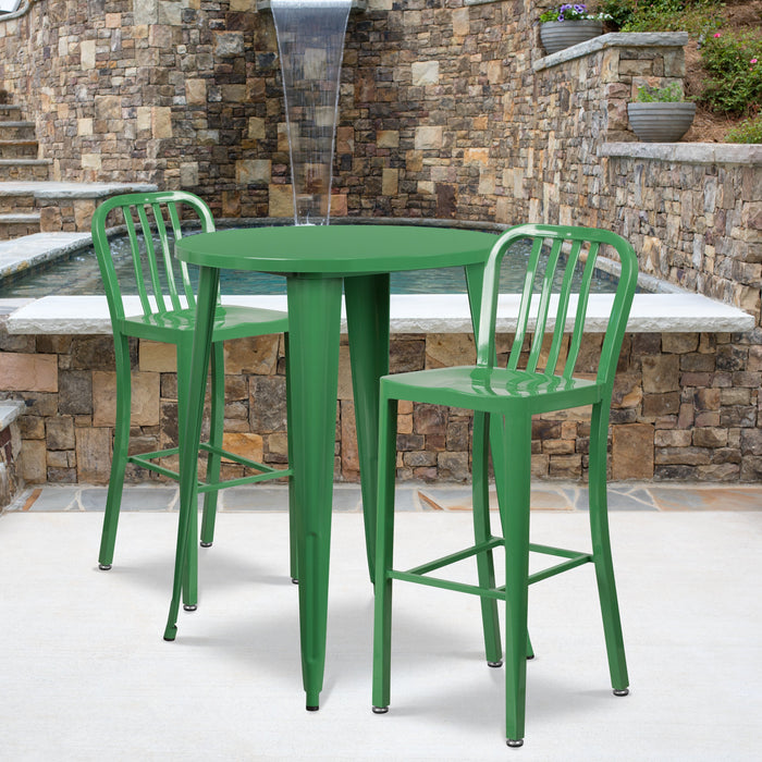 30'' Round Green Metal Indoor-Outdoor Bar Table Set with 2 Vertical Slat Back Stools