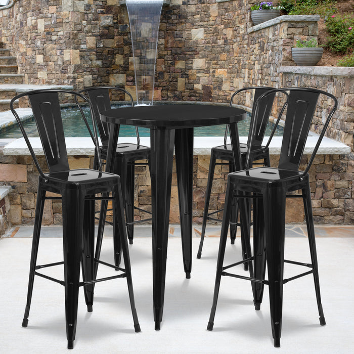 30'' Round Black Metal Indoor-Outdoor Bar Table Set with 4 Cafe Stools