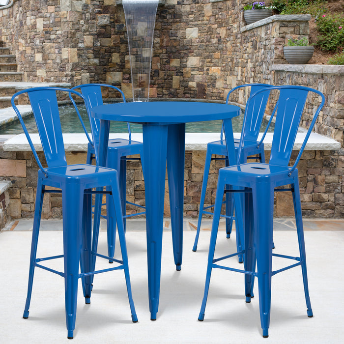 30'' Round Blue Metal Indoor-Outdoor Bar Table Set with 4 Cafe Stools