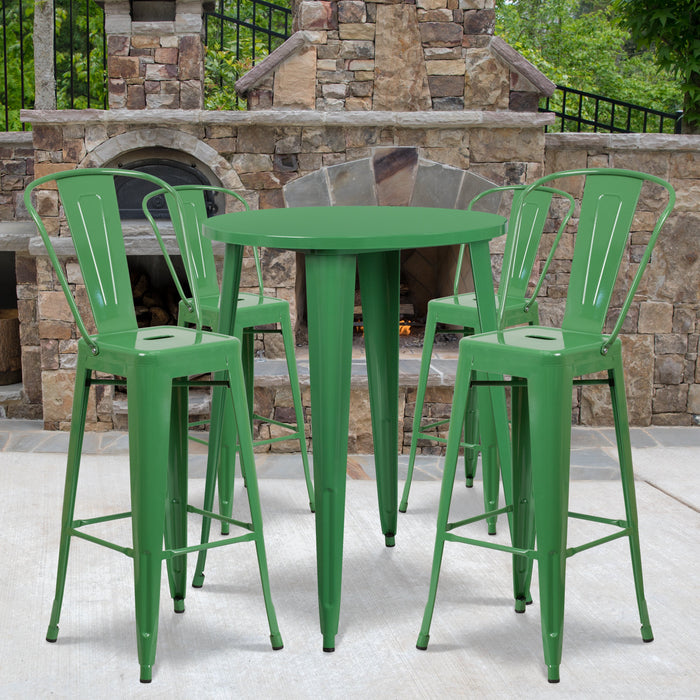 30'' Round Green Metal Indoor-Outdoor Bar Table Set with 4 Cafe Stools
