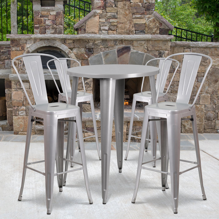 30'' Round Silver Metal Indoor-Outdoor Bar Table Set with 4 Cafe Stools