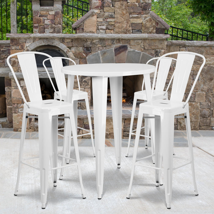 30'' Round White Metal Indoor-Outdoor Bar Table Set with 4 Cafe Stools