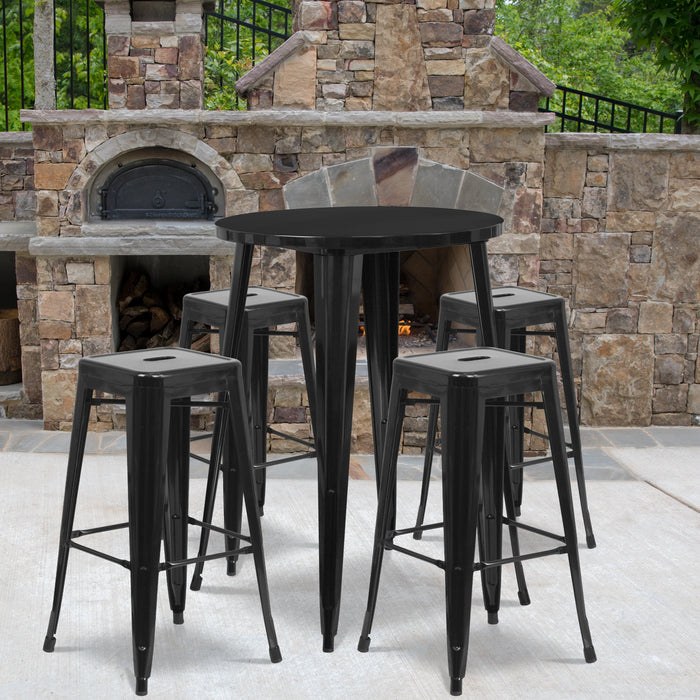 30'' Round Black Metal Indoor-Outdoor Bar Table Set with 4 Square Seat Backless Stools