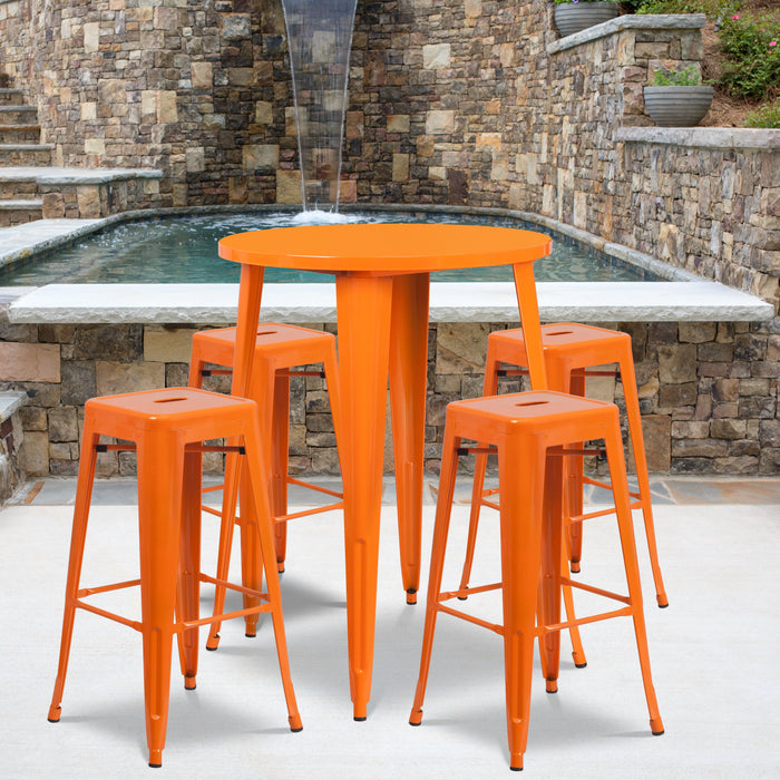 30'' Round Orange Metal Indoor-Outdoor Bar Table Set with 4 Square Seat Backless Stools