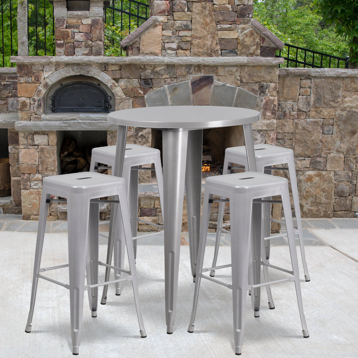 30'' Round Silver Metal Indoor-Outdoor Bar Table Set with 4 Square Seat Backless Stools