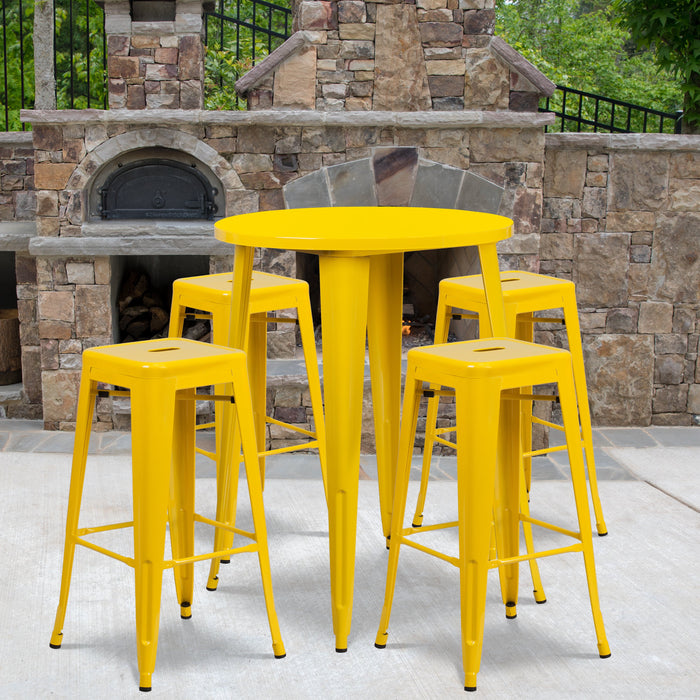 30'' Round Yellow Metal Indoor-Outdoor Bar Table Set with 4 Square Seat Backless Stools