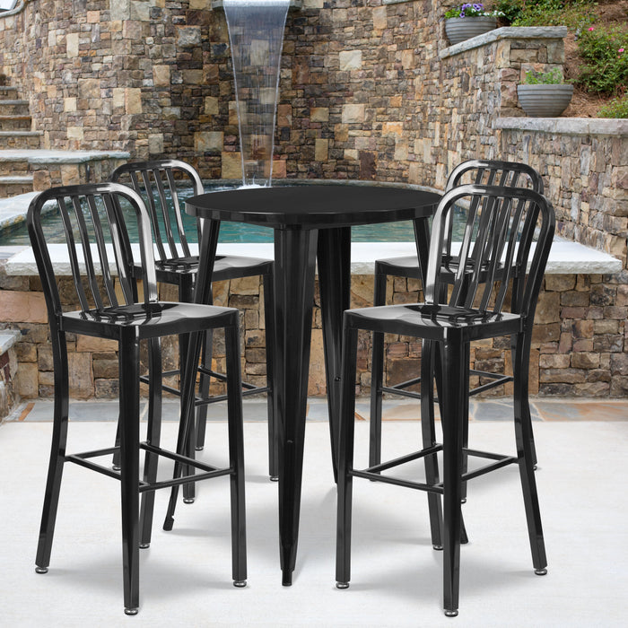 30'' Round Black Metal Indoor-Outdoor Bar Table Set with 4 Vertical Slat Back Stools