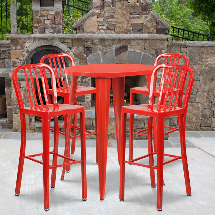 30'' Round Red Metal Indoor-Outdoor Bar Table Set with 4 Vertical Slat Back Stools