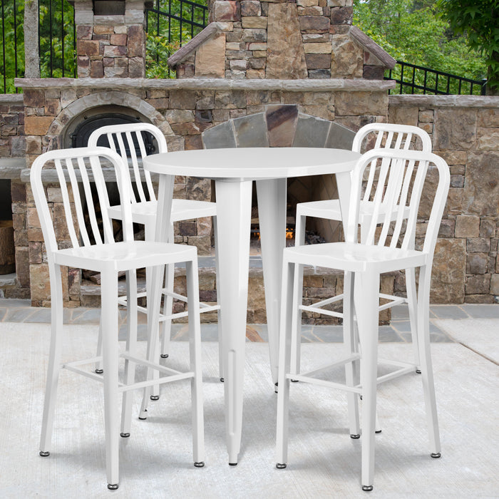 30'' Round White Metal Indoor-Outdoor Bar Table Set with 4 Vertical Slat Back Stools