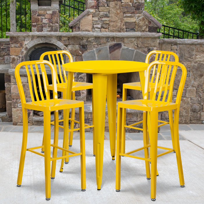 30'' Round Yellow Metal Indoor-Outdoor Bar Table Set with 4 Vertical Slat Back Stools