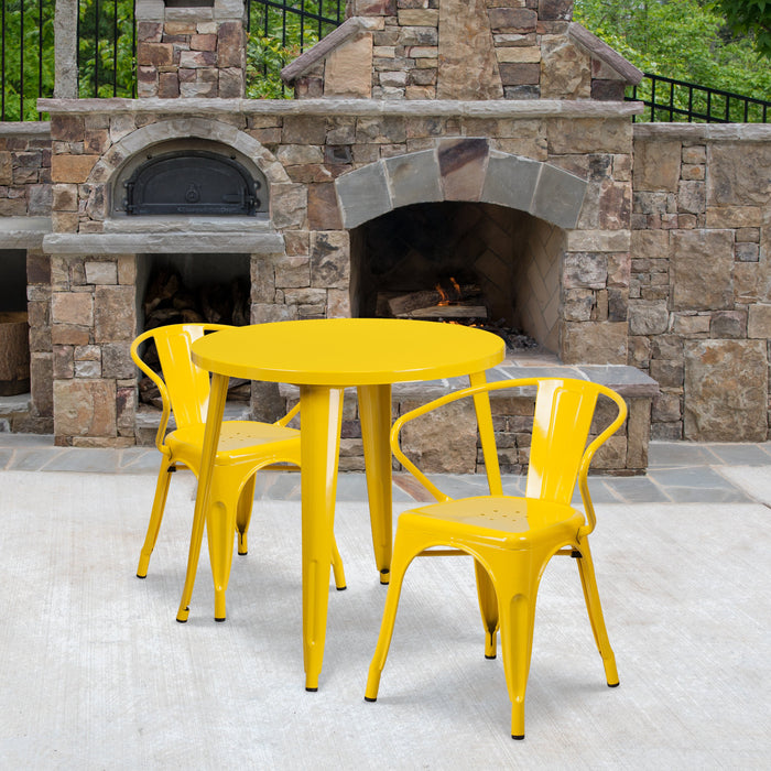 30'' Round Yellow Metal Indoor-Outdoor Restaurant Table Set with 2 Arm Chairs