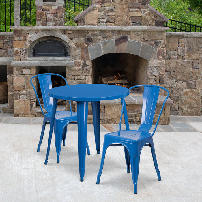 30'' Round Blue Metal Indoor-Outdoor Restaurant Table Set with 2 Cafe Chairs