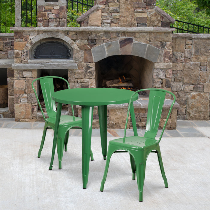 30'' Round Green Metal Indoor-Outdoor Restaurant Table Set with 2 Cafe Chairs
