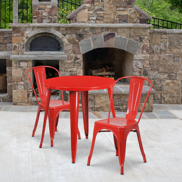 30'' Round Red Metal Indoor-Outdoor Restaurant Table Set with 2 Cafe Chairs