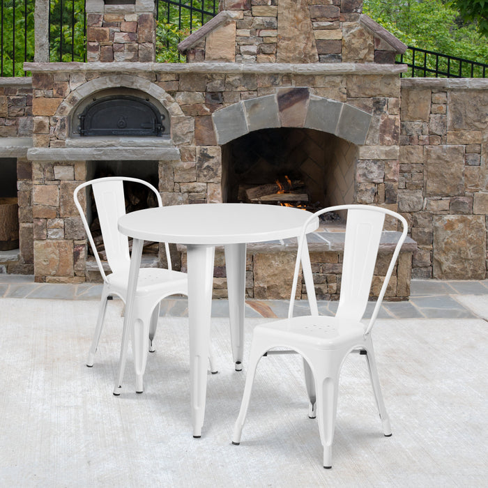 30'' Round White Metal Indoor-Outdoor Restaurant Table Set with 2 Cafe Chairs