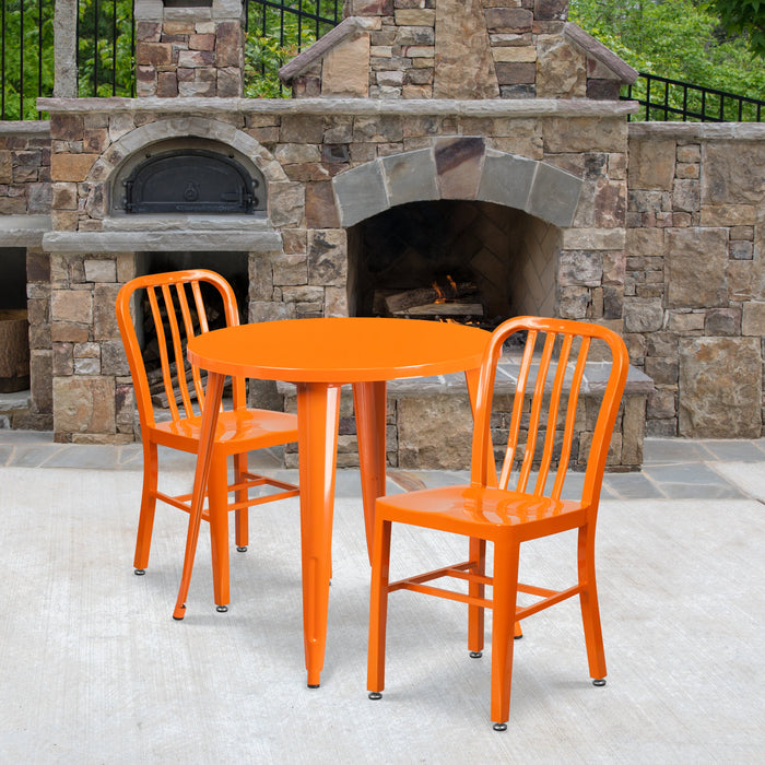 30'' Round Orange Metal Indoor-Outdoor Restaurant Table Set with 2 Vertical Slat Back Chairs