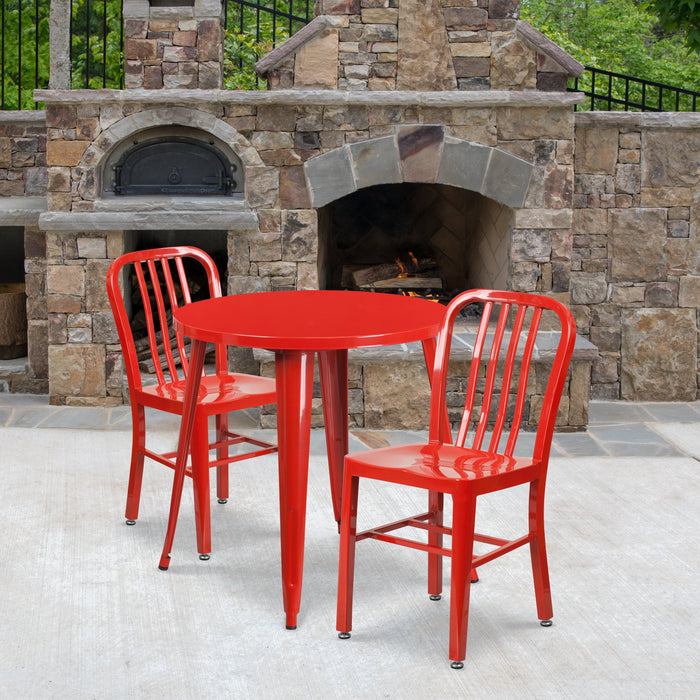 30'' Round Red Metal Indoor-Outdoor Restaurant Table Set with 2 Vertical Slat Back Chairs