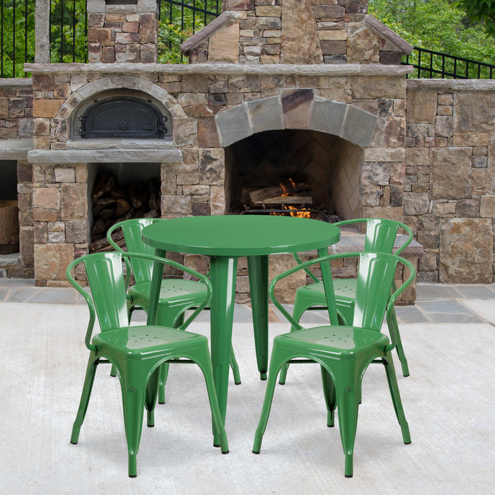 30'' Round Green Metal Indoor-Outdoor Restaurant Table Set with 4 Arm Chairs