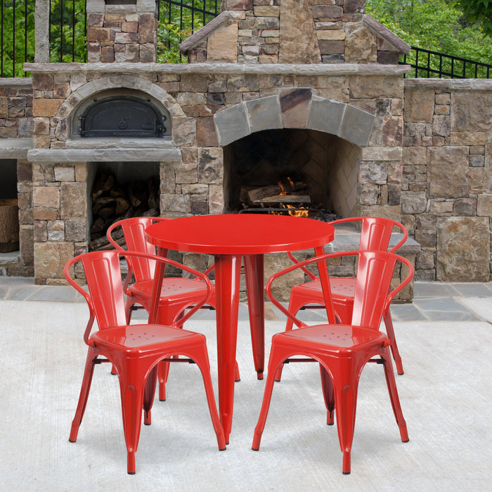 30'' Round Red Metal Indoor-Outdoor Restaurant Table Set with 4 Arm Chairs