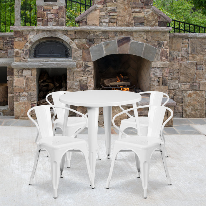 30'' Round White Metal Indoor-Outdoor Restaurant Table Set with 4 Arm Chairs