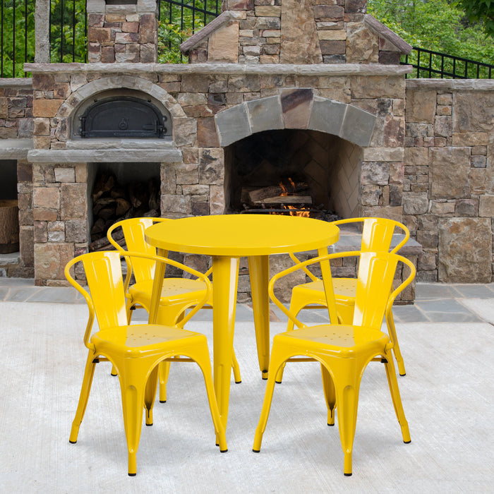 30'' Round Yellow Metal Indoor-Outdoor Restaurant Table Set with 4 Arm Chairs